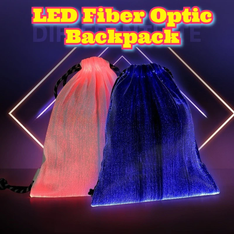 LED Fiber Optic Backpack Outdoor Sports Drawstring Bag RGB Color Changing Glow Cycling Hiking Party Festival Night Light Dance