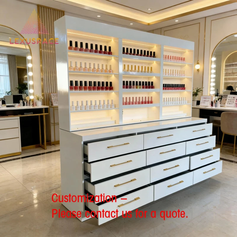 custom.Wood Shelf Display Rack Barber Shop Hair Salon Beauty Salon Modern Design Cosmetic Storage Cabinet Mirror Salon Furniture
