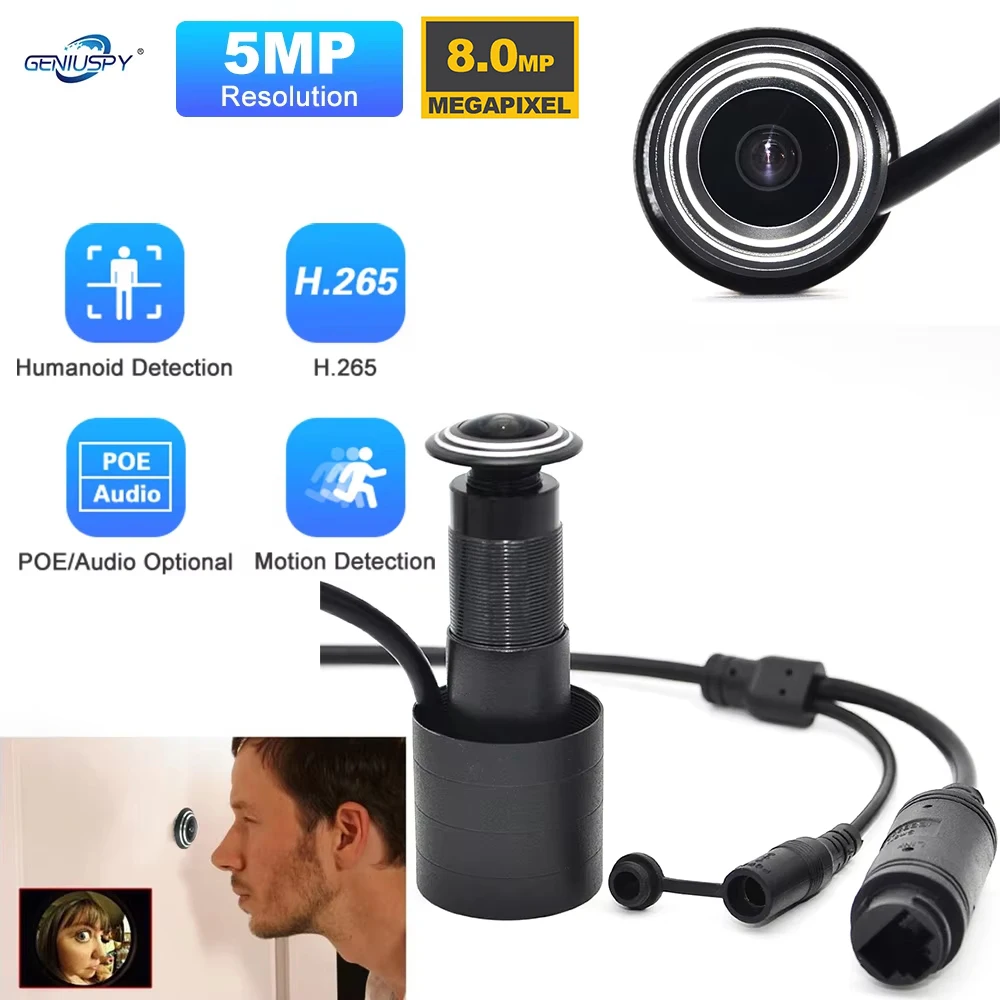 5MP 8MP HD Door Eye Hole H.265 1.66mm 1.78mm Wide Angle 180Degree CCTV Network Mini Peephole POE Door IP Camera Audio Microphone