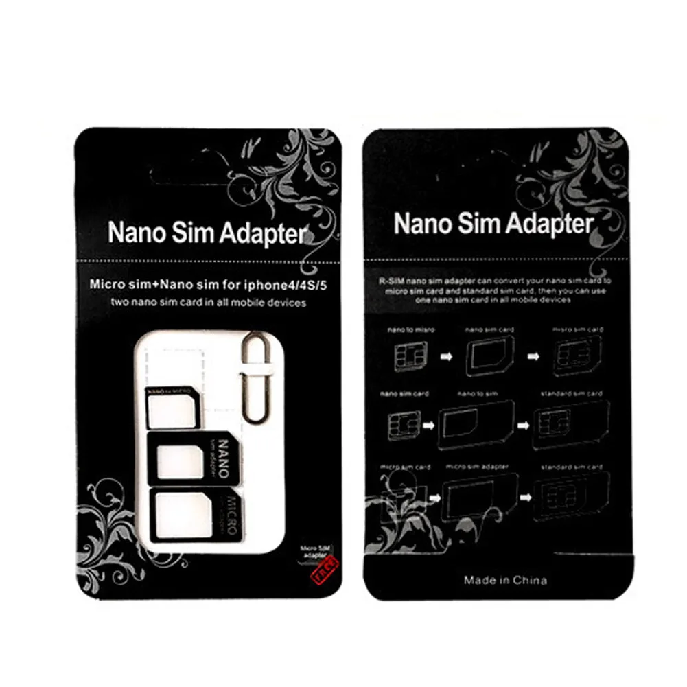 10 20 Sets 4 In 1 Nano Micro Mini Standard SIM Card Adapter Kit Tools With Eject Pin Key Retail Package For IPhone Samsung Phone