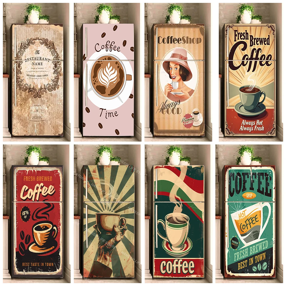 Retro Coffee Background Fridge Door Sticker Waterproof PVC Refrigerator Wallpaper Vintage Coffee Poster Kitchen Cabinet Decals