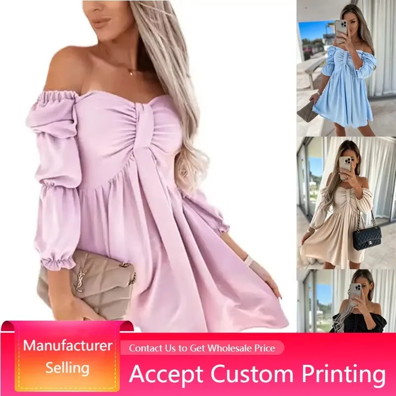 Summer Dresses Fashion Sexy Off Shoulder Strapless  High Waist Puff Sleeve Mini Dress Women Loose Casual Solid Color Dress