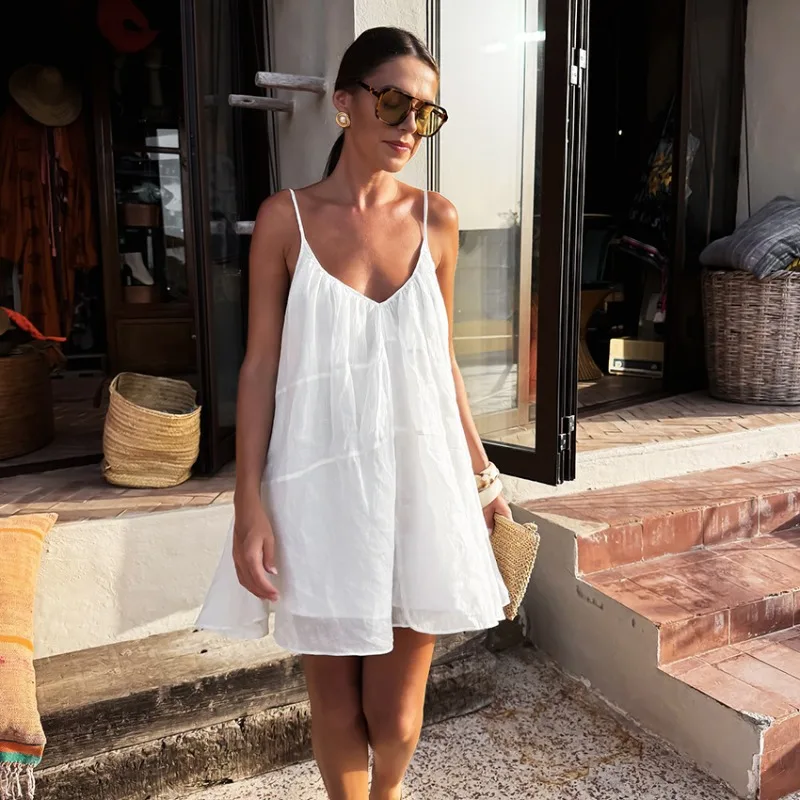 Women 2026 Spring Summer New Hot Selling White V Neck Spaghetti Strap Loose Vacation A Line Mini Dress Trendy Chic Summer Beach