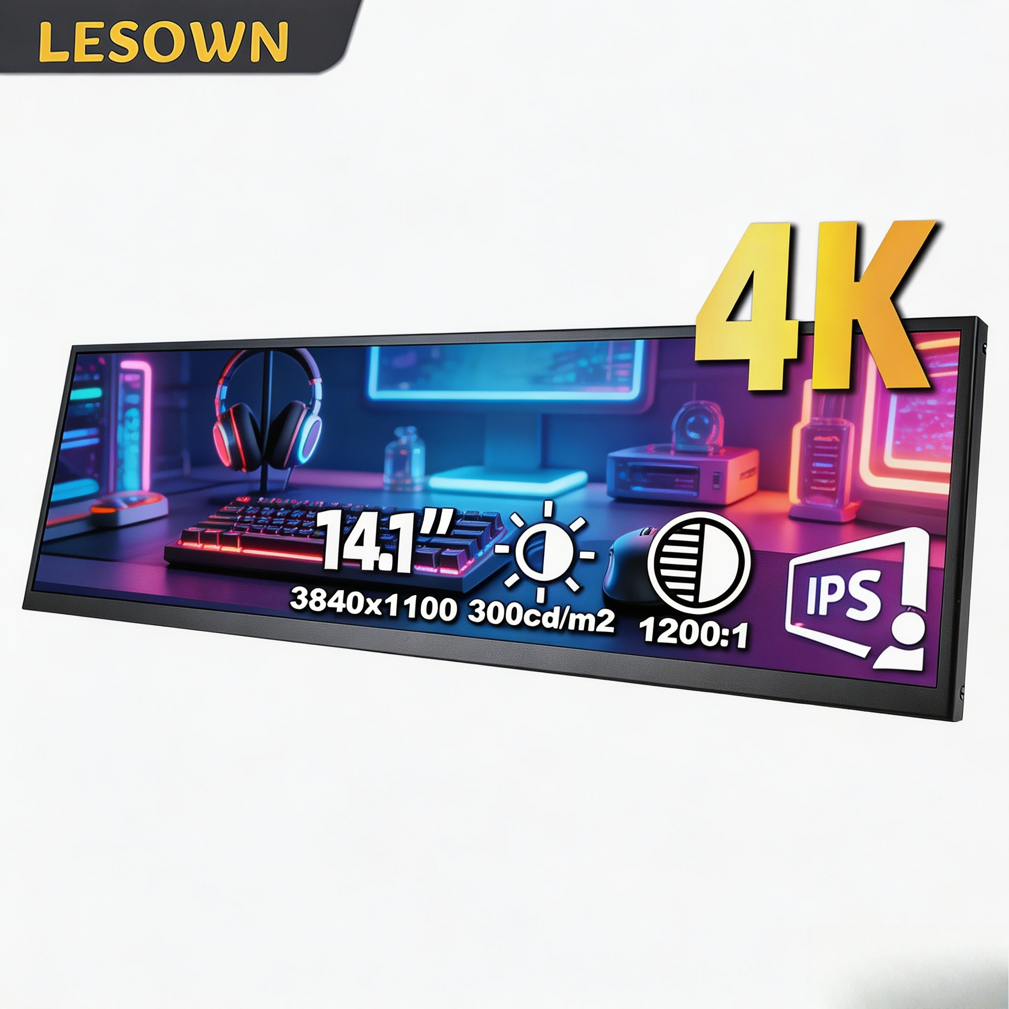 LESOWN 14.1 Inch 4K Professional Broadcast Stretched LCD 3840x1100 16:4 Monitor for Streaming Setup