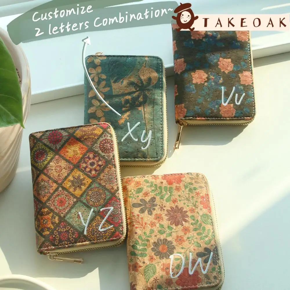 Personalized Two Letters Custom Cork Wallet Eco Friendly Floral Zipper Small Card Holder Vintage Floral Mini Coin Card Purse