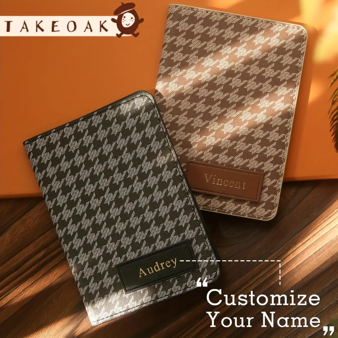 Custom Gold Hot Stamping Name Houndstooth PU Leather Passport Cover Multi Card Slots Vintage Luxury Travel Document Holder