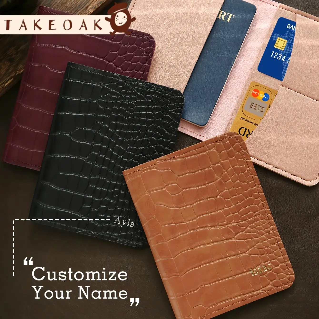 Luxury Crocodile Texture Custom Gold Foil Full Name PU Leather Passport Cover Multi Slot Travel Document Organizer Souvenir Gift