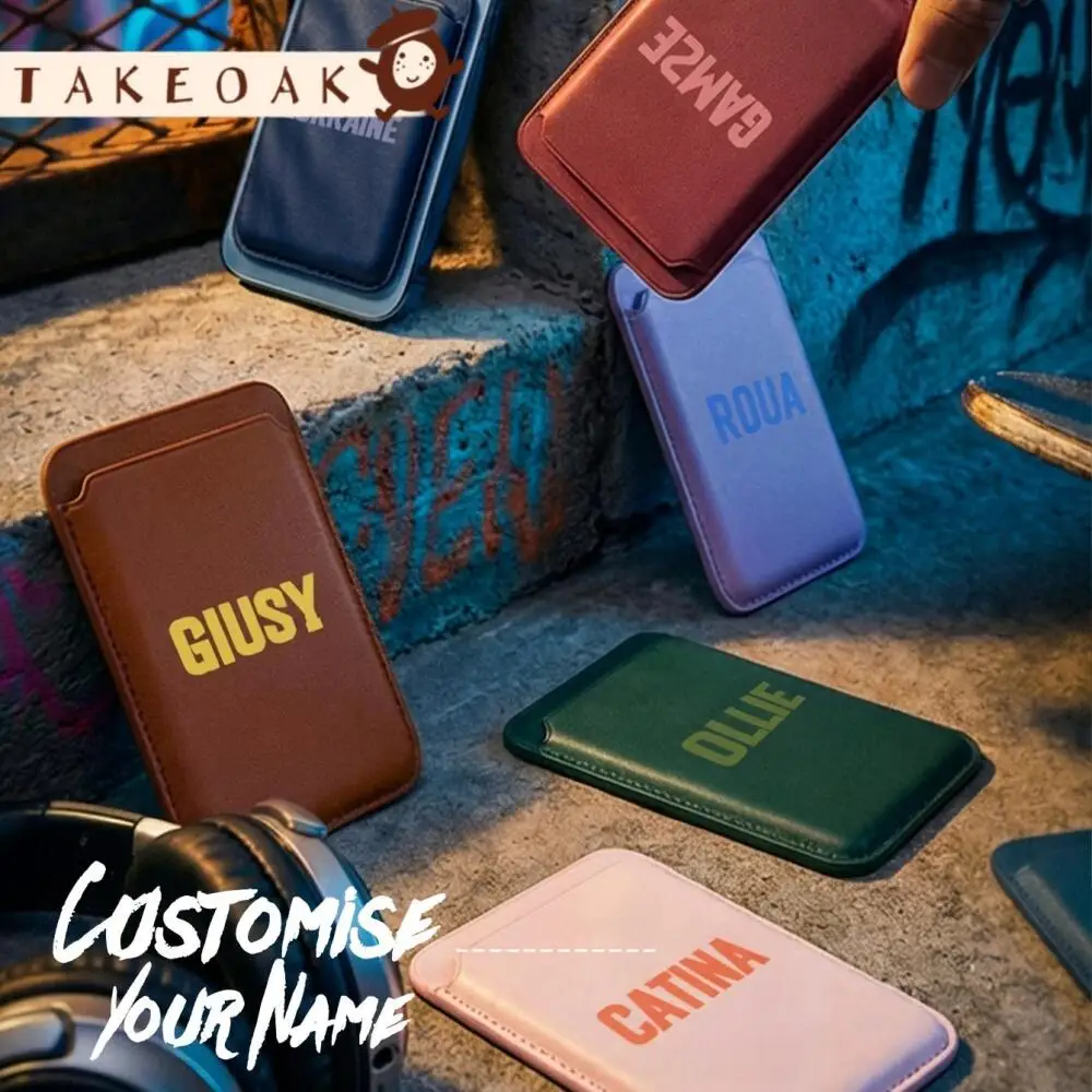 Custom Name Magnetic Leather Wallet Card Holder for Iphone Luxury Personalised Magsafe Compatible Slim Credit Card Sleeve Case