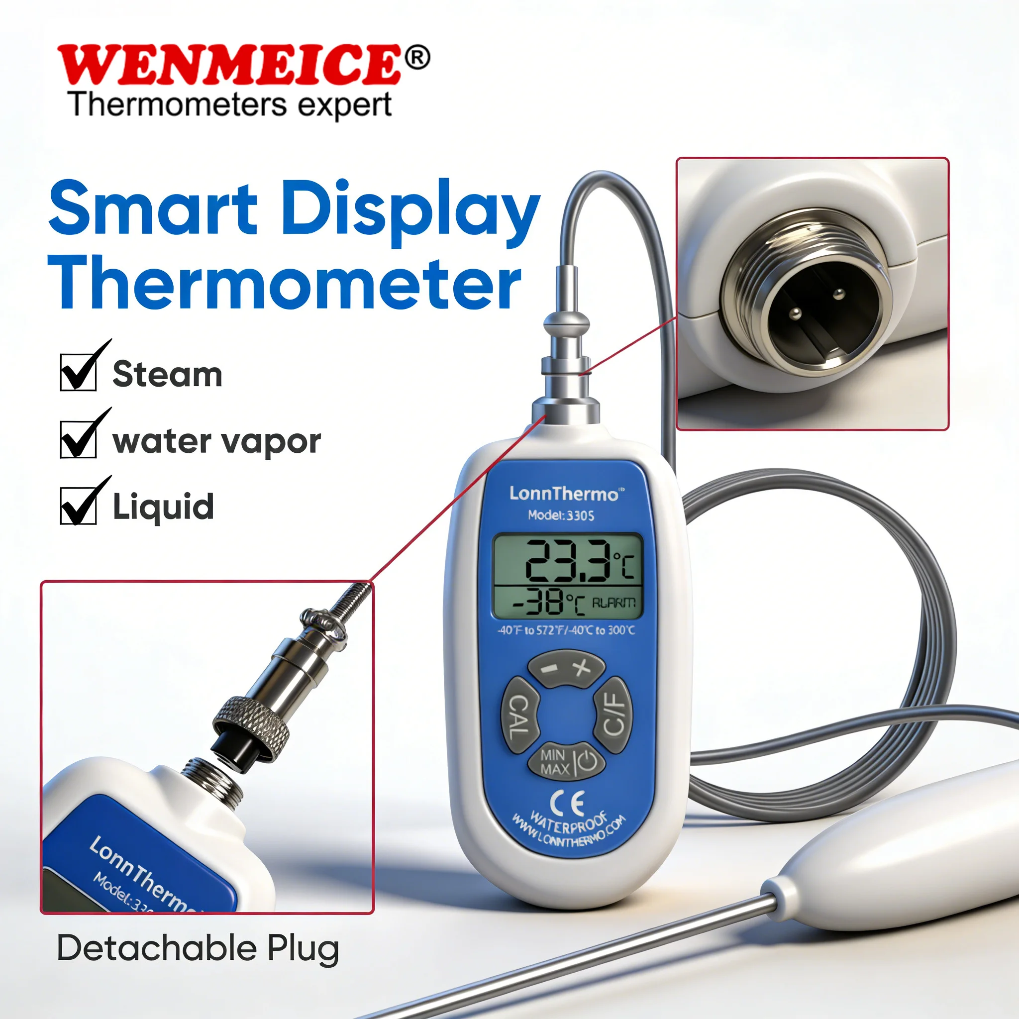 WENMEICE Waterproof Digital Thermometer PT100 Temperature Sensor Laboratory Thermometer Probe for Soil Tester Food Home Cooking