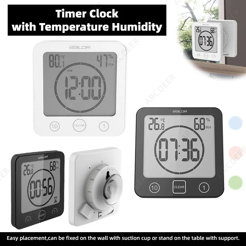 1/2Pcs Waterproof Wall Clock Bathroom Kitchen Suction Cup Digital Clocks with Temperature Humidity Office Desk Timer Accessories