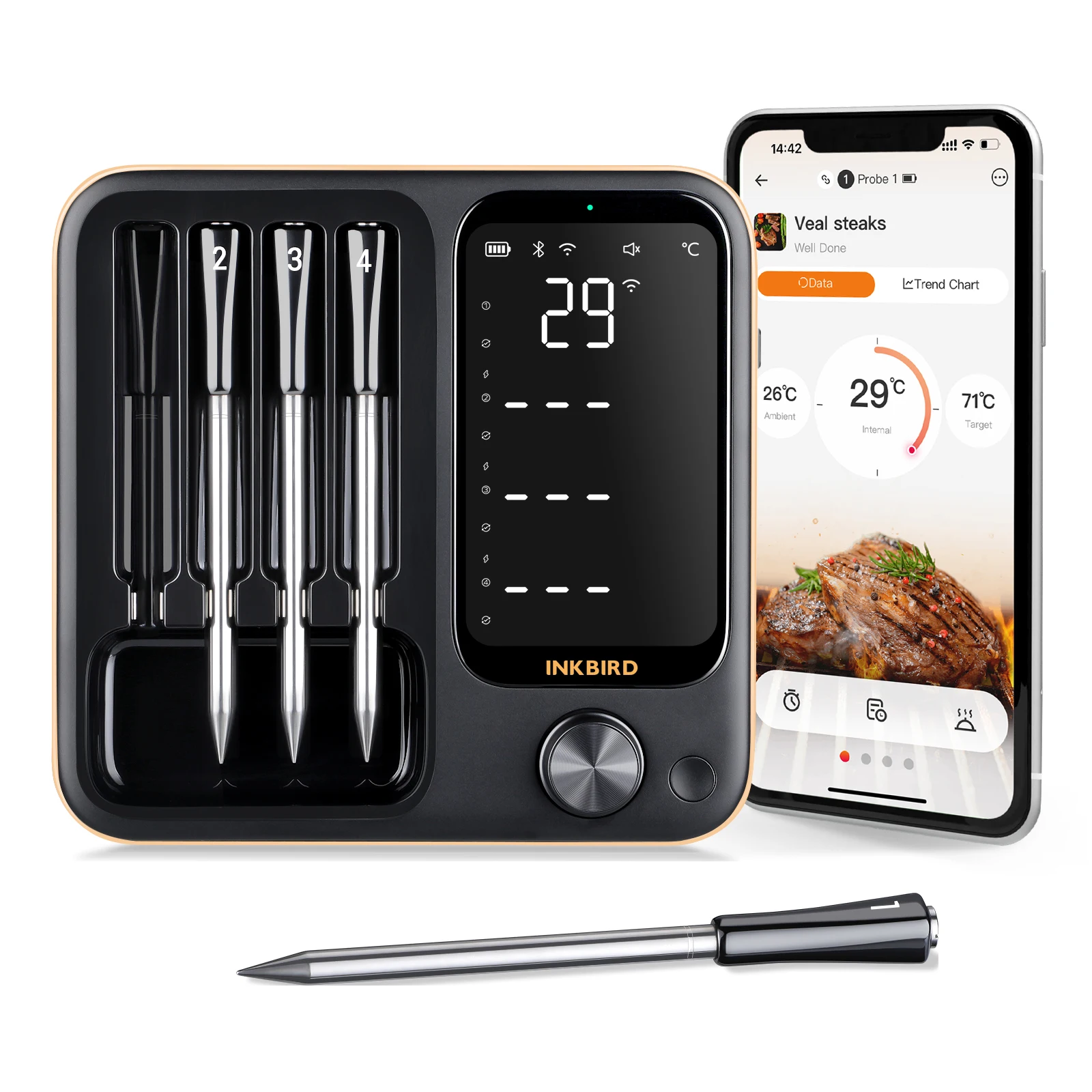 INKBIRD Meat Thermometer Wireless Grill Thermometer 4 Probes Home Smart Bluetooth with Alarm for BBQ Cook Grilling Thermometer