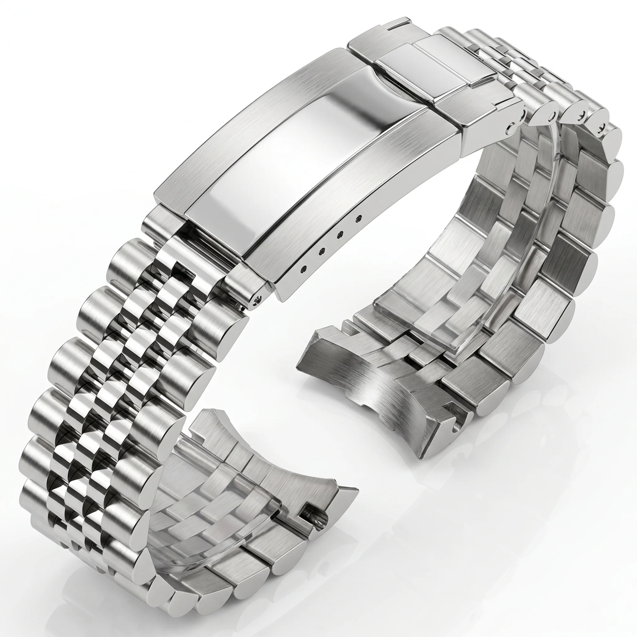 Premium 904L Solid Stainless Steel Watch Band 20mm Curved End 3-Link Metal Bracelet for Men Diver Watch Safety Clasp