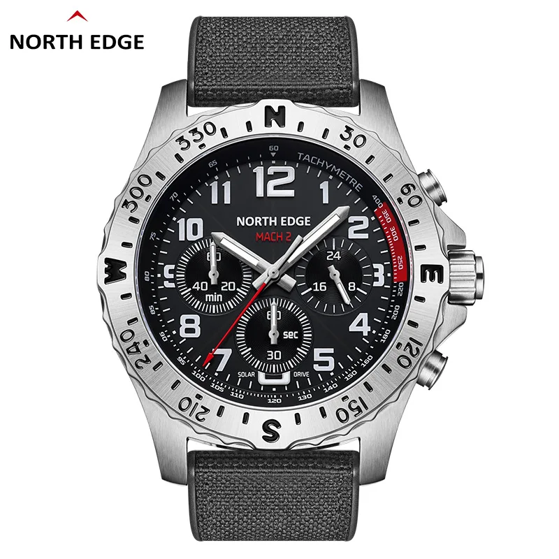 NORTH EDGE Men Watch Solar Power 316 Stainless Steel Case Quartz Watch For Men Pilot Waterproof 50M Stopwatch Premium Fashion