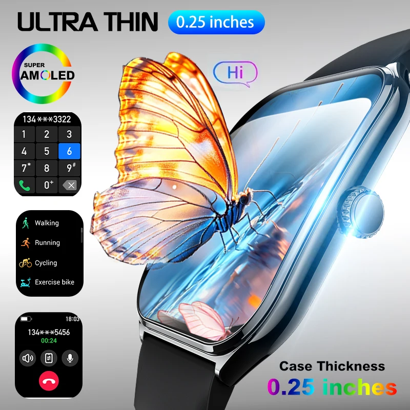 Ultra Thin Men's Smartwatch 1.96-Inch AMOLED High-Definition Screen Health Monitoring Bluetooth Call Women's Sports Fitness Watc