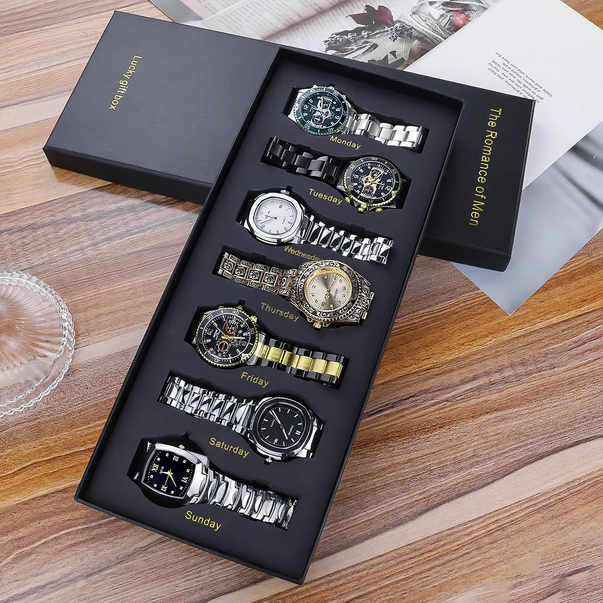 Men 7‑Pcs Watch Multi‑Occasion Quartz Collection Varied Classic Dial Shiny Plated Metal Band Premium Male Gift‑Oriented Storage