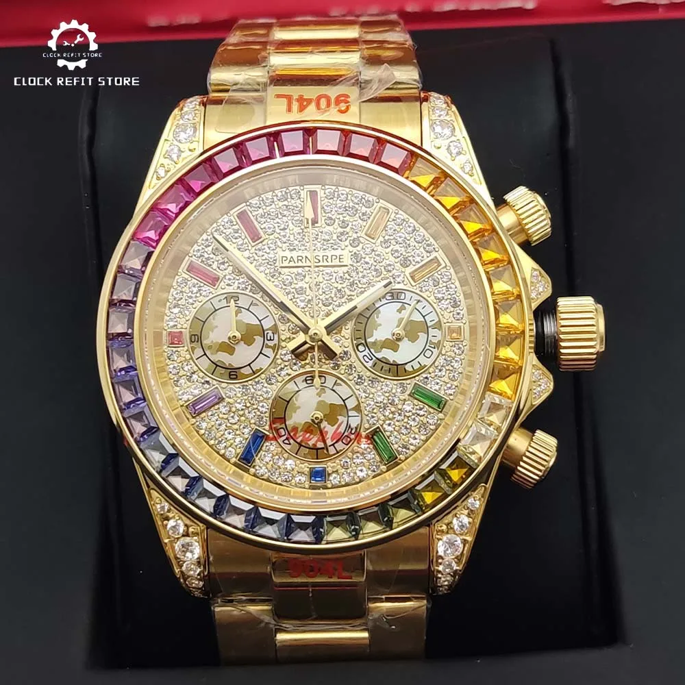 Gold Coloured Luxury Men's Quartz Watch with Diamond Design and Matching Metal Strap Premium Men's VK63 Watch