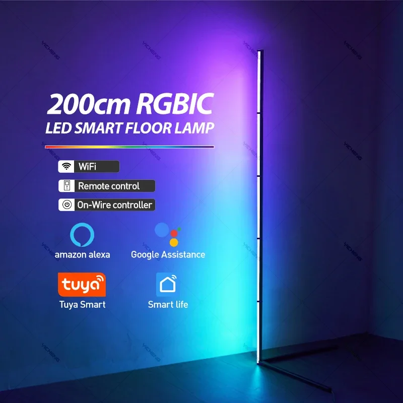 200cm White RGBIC Smart Corner Floor Lamp Tuya App & Remote ControlAdjustable Colors & Effects Modern Standing Light Home Dcorat