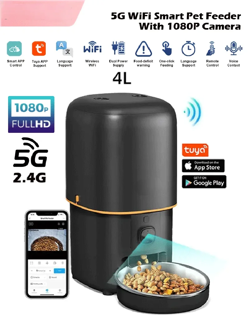 Automatic Cat Feeder Camera Pet Smart Cat Food Kibble Dispenser 2.4G/5GWiFi Tuya APP Control Auto Feeder For Cat Dog Accessories