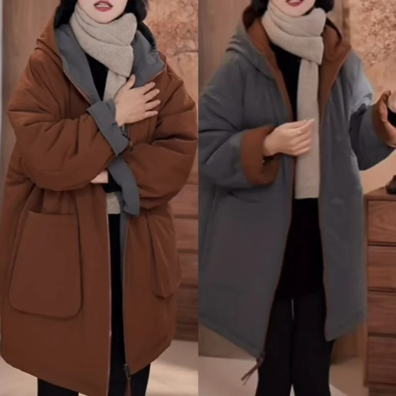 Big Size Women Clothes Winter Warm Reversible Wear Hooded Cotton Jacket Loose Versatile Mid-Length Outerwear Parka Puffer Jacket