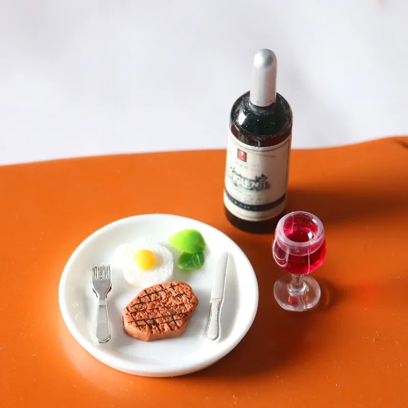 1set Dollhouse Mini Wine Steak Set 1:12 Miniature Kitchen Doll House Simulation Model Scale Decoracion Home Decor Accessories