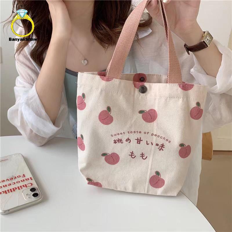 [BANY] Bolsa Feminina De Lona Pequena , De Comida Japonesa Pêssego , Almoço De Mão , Mini Bolsas Coreanas Para Estudante