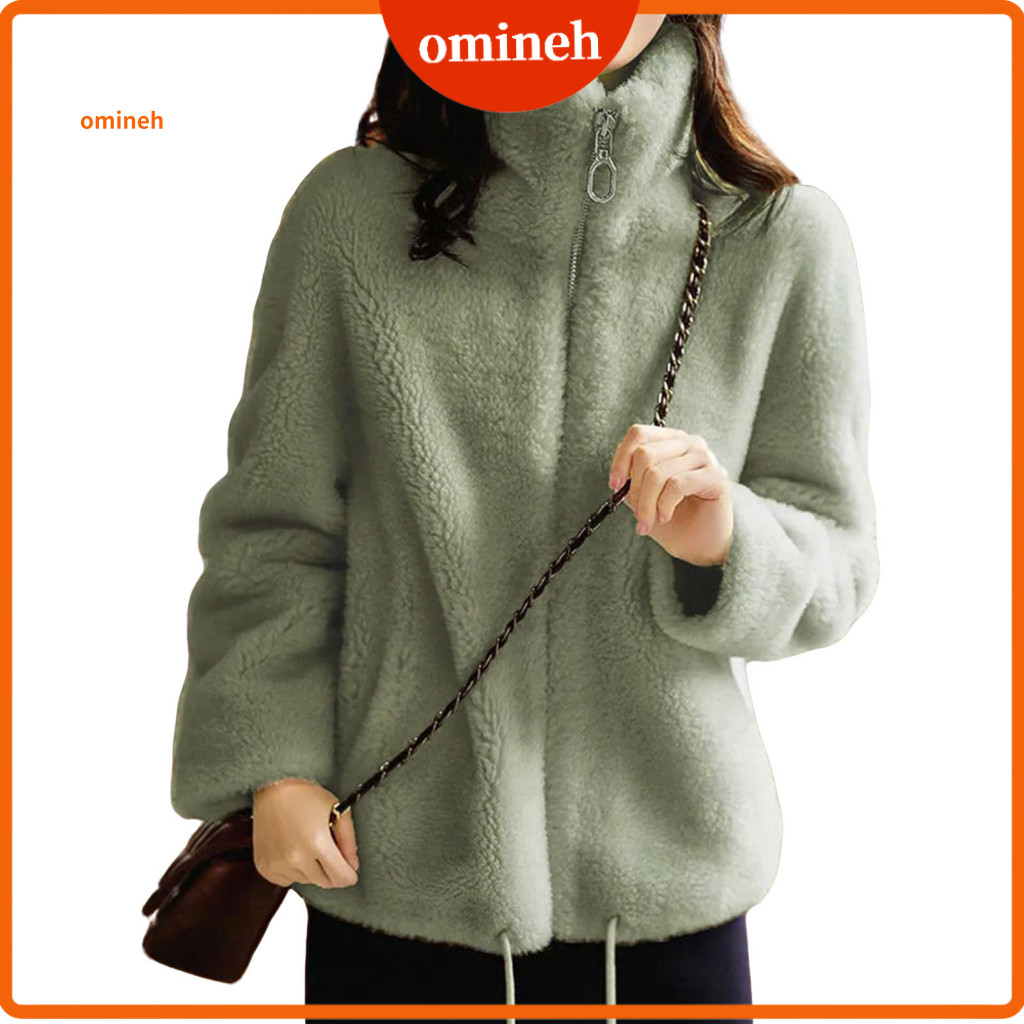 Women Polyester Coat Double-sided Fleece Jacket Women’s Fuzzy with Pockets Long Sleeve Stand Collar Sherpa Full Zip Up