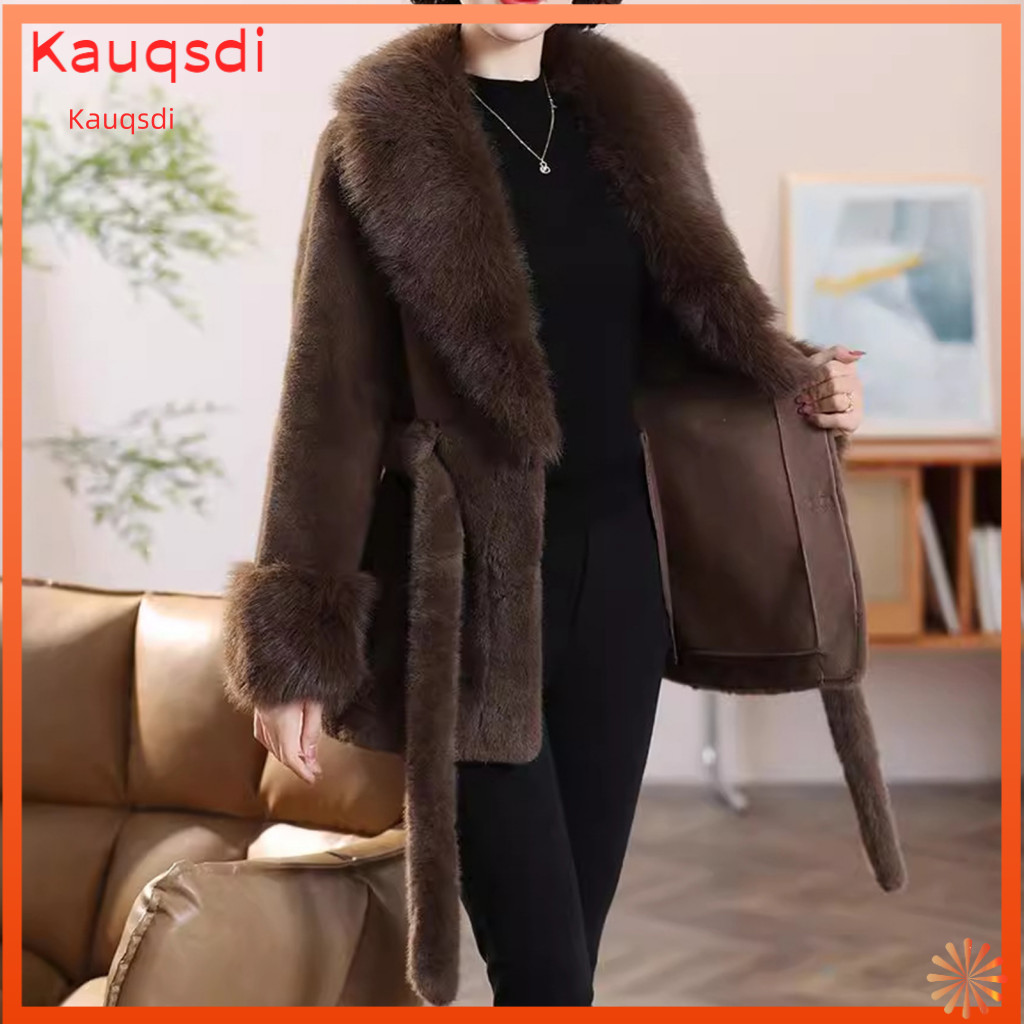 Fur Collar Coat for Women Polyester Women’s Fuzzy Winter with Faux Cuffs Warm Belted Long Sleeve Open Front Jacket Sof