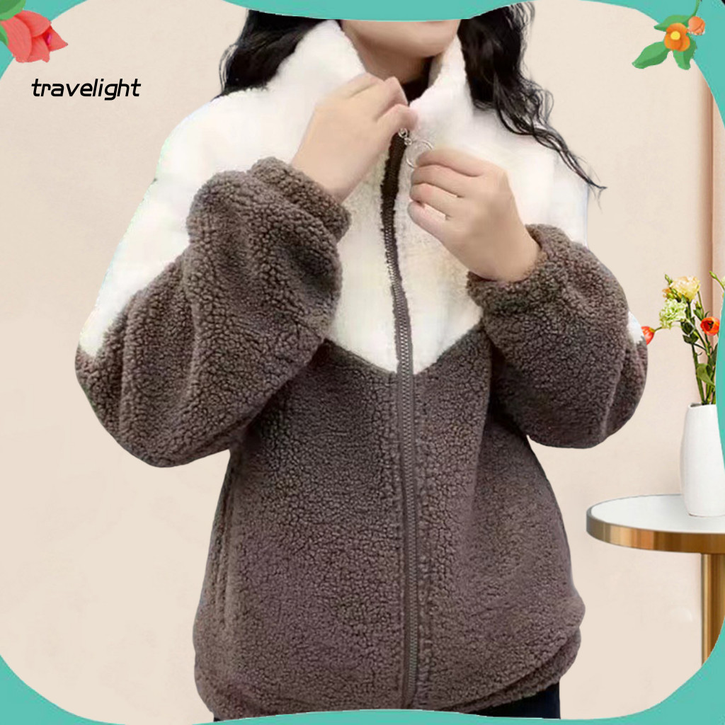 Women Polyester Coat Color-blocked Jacket for Women’s Fuzzy Fleece Zip-up Stand Collar Sherpa Warm Color Block Outerwe
