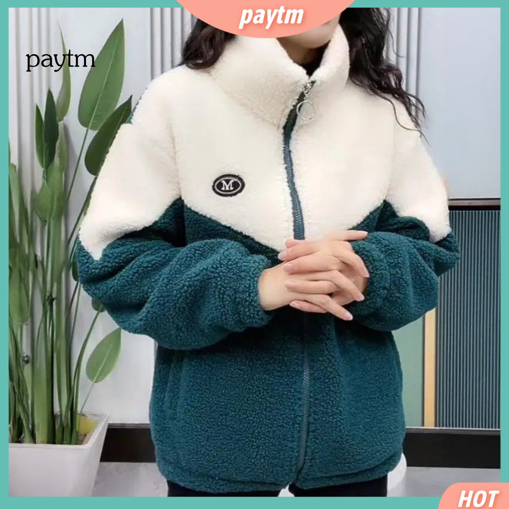 Soft and Comfortable Women Jacket Polyester Fleece for Women’s Fuzzy Zip-up Sherpa Coat with Stand Collar Color Block