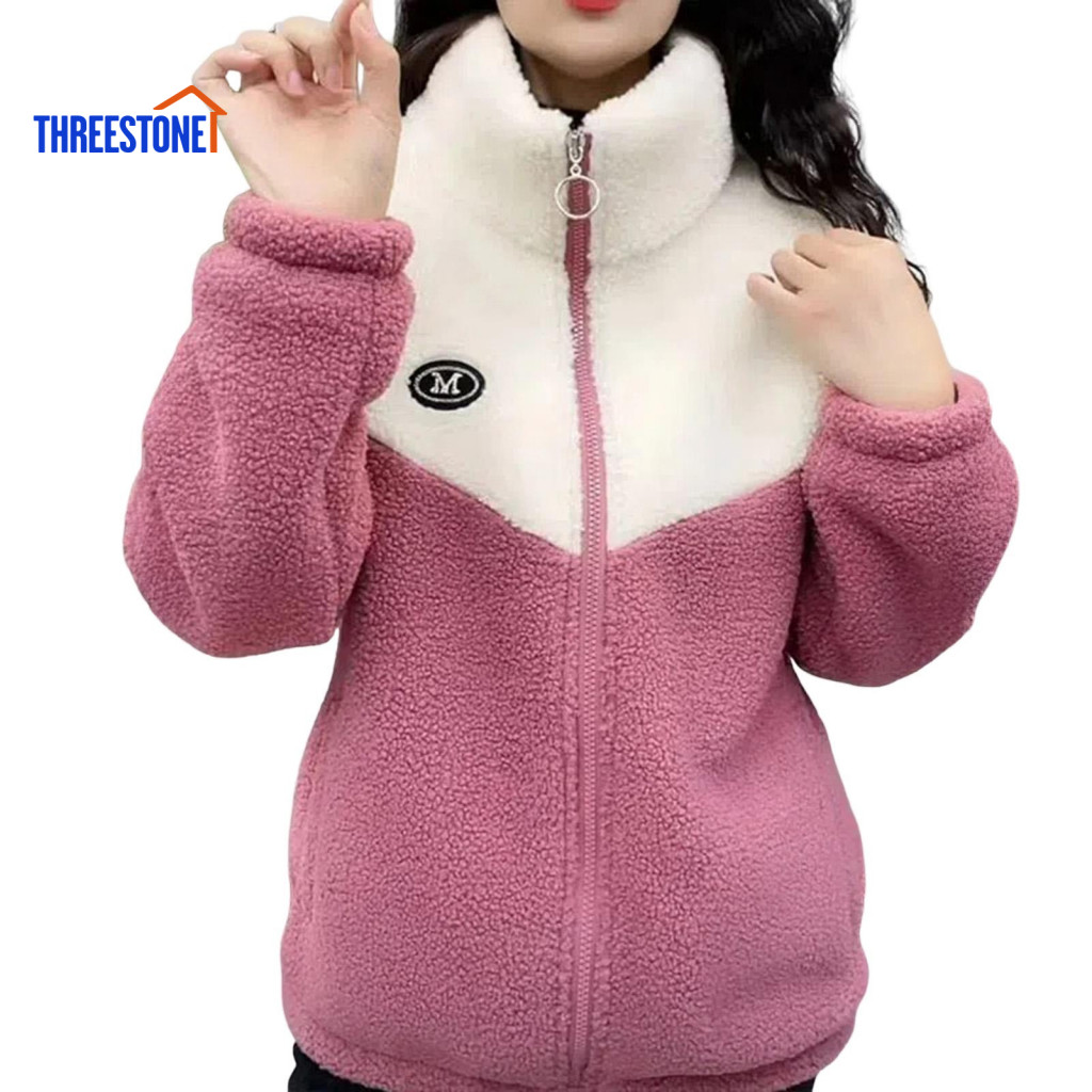 Soft and Comfortable Women Jacket Windproof Warm Coat Women’s Fuzzy Fleece Zip-up Stand Collar Sherpa Color Block for