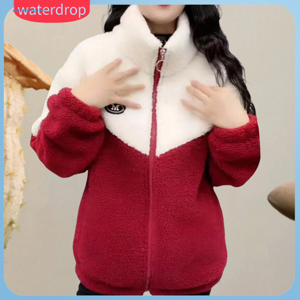 Women’s Fuzzy Fleece Jacket Zip-up Stand Collar Sherpa Coat with Pockets – Warm Color Block Outerwear for Fall and W
