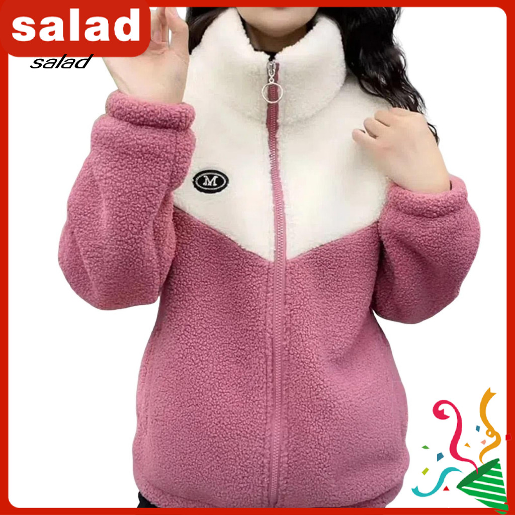 Women Jacket Soft and Comfortable Women’s Fuzzy Fleece Zip-up Stand Collar Sherpa Coat Warm Color Block Outerwear with