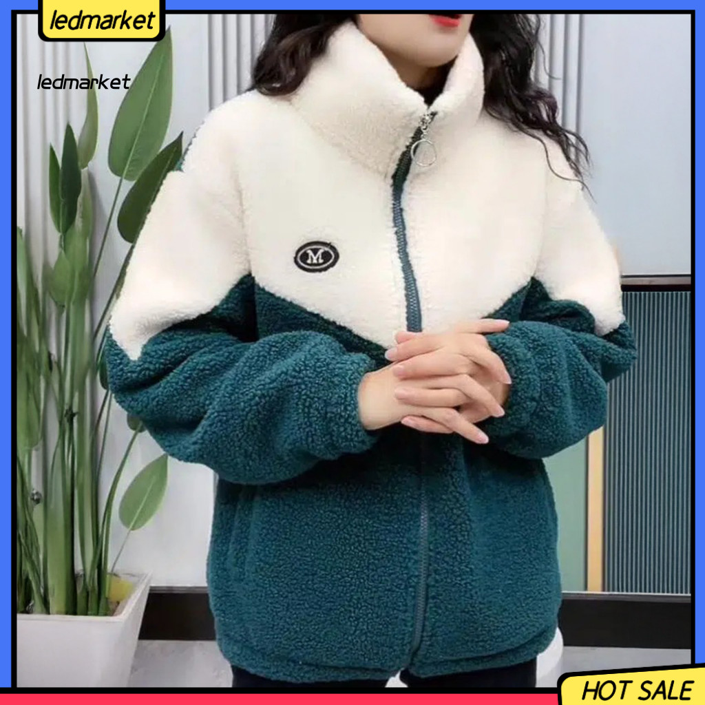 Windproof and Warm Women Coat Soft Comfortable Jacket Women’s Fuzzy Fleece Zip-up Stand Collar Sherpa Color Block for