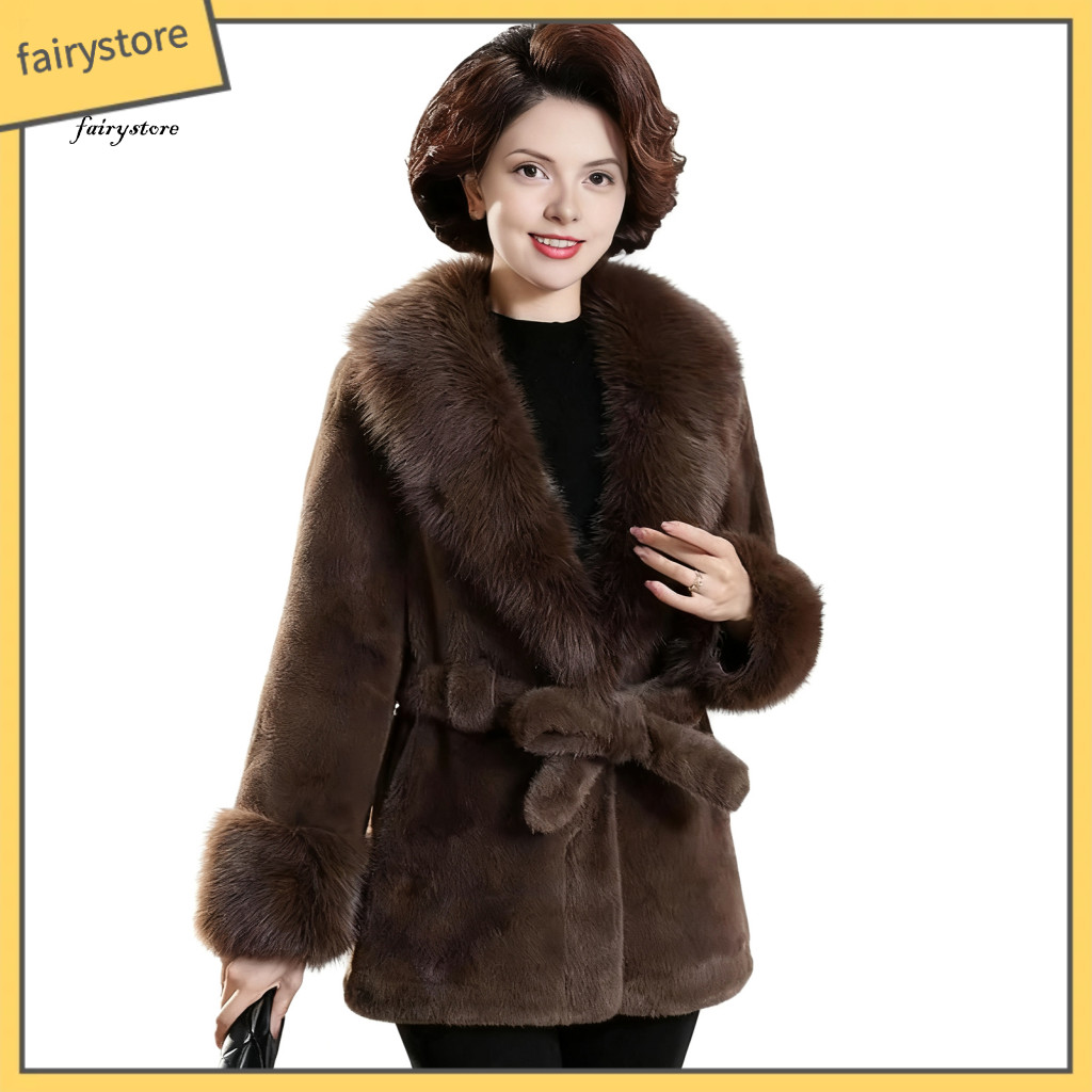 Women Outerwear Polyester Coat Women’s Fuzzy Winter with Faux Fur Collar Cuffs Warm Belted Long Sleeve Open Front Jack