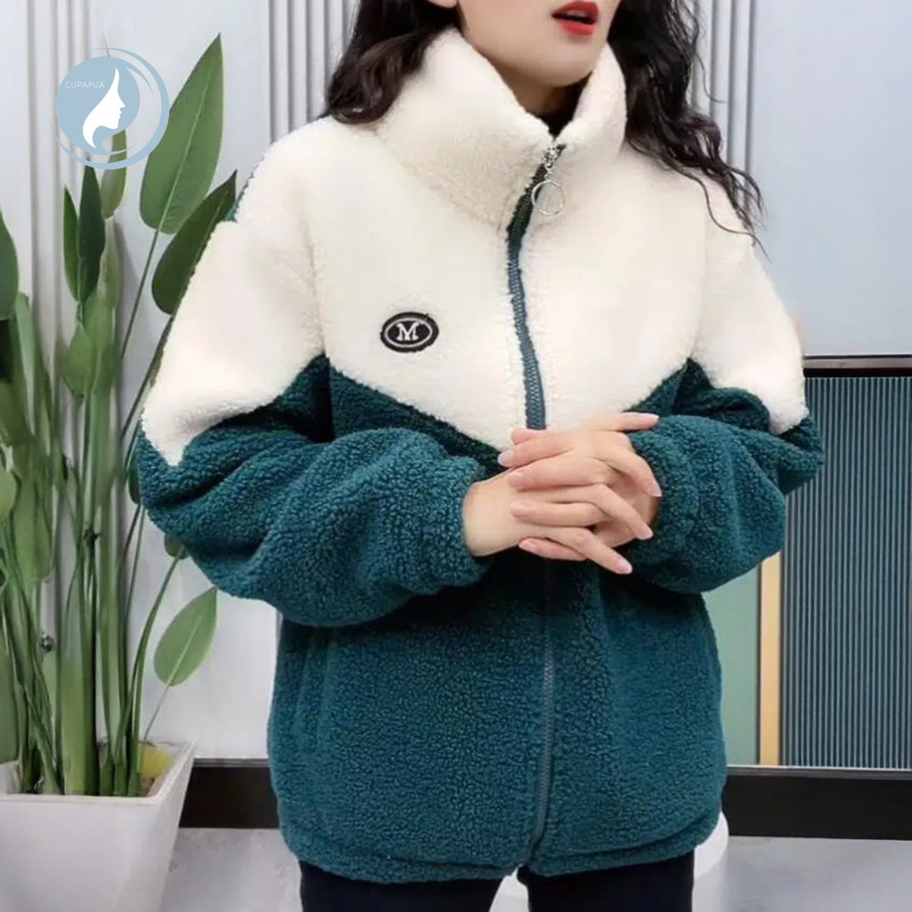 Color-blocked Jacket for Women Polyester Coat Women’s Fuzzy Fleece Zip-up Stand Collar Sherpa Warm Color Block Outerwe