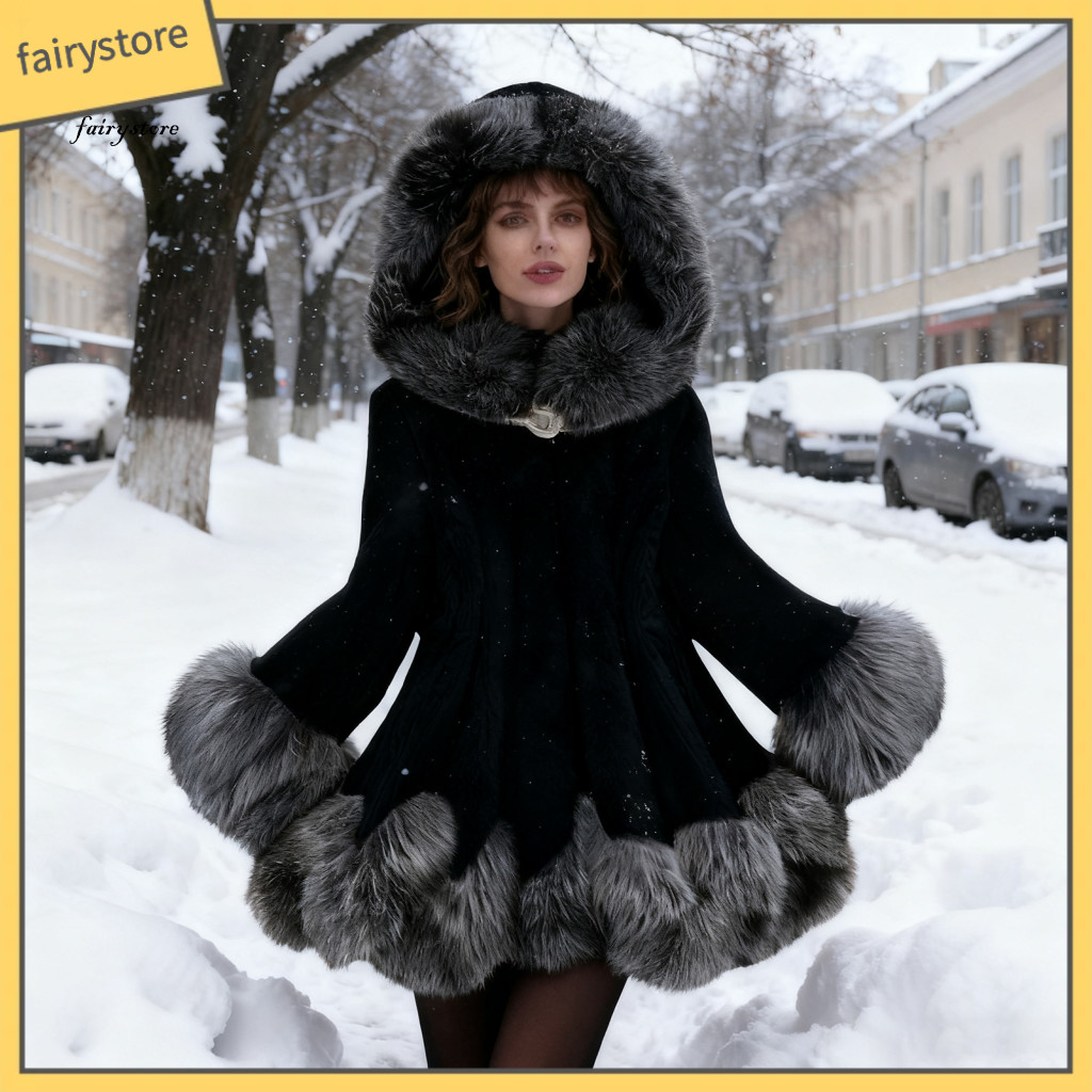 Women Coat Fur Collar Jacket Women’s Faux Hooded – Warm Fuzzy Trim Fleece Long Sleeve Open Front Winter Outerwear So