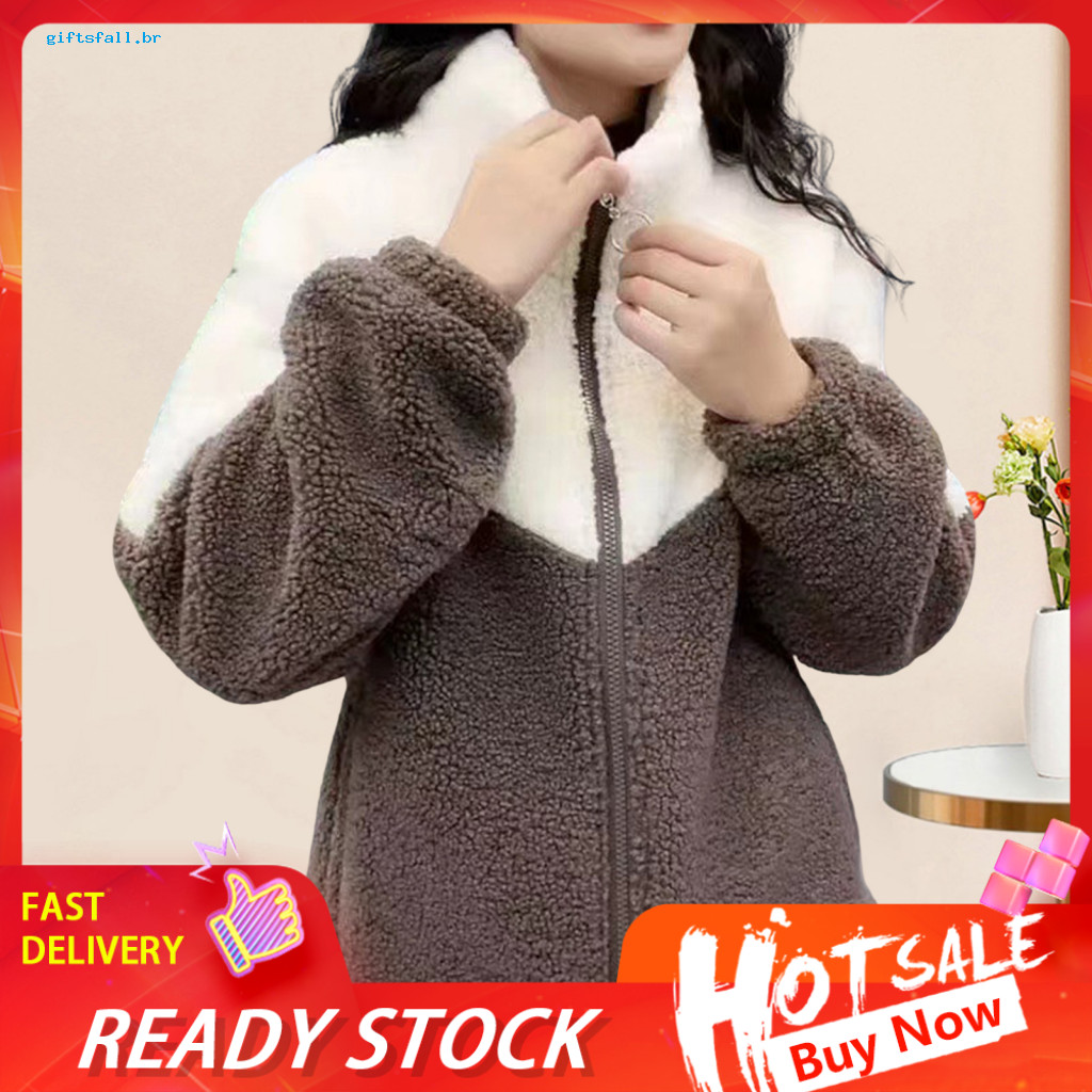 Women Polyester Coat Autumn and Winter Women’s Fuzzy Fleece Jacket Zip-up Sherpa with Stand Collar Color Block Warm Ou