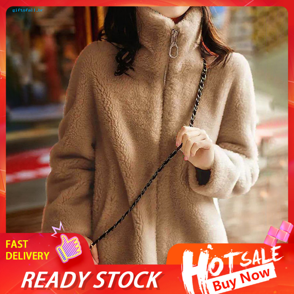Women Polyester Coat Zipper Closure Winter Women’s Fuzzy Fleece Jacket with Pockets Long Sleeve Stand Collar Sherpa Fu
