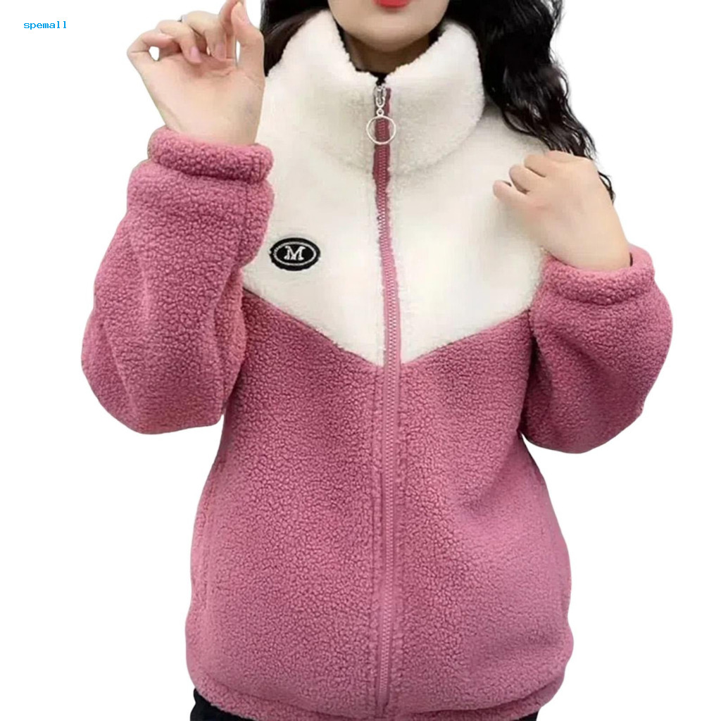 Soft and Comfortable Women Jacket Color-blocked Women’s Fuzzy Fleece Zip-up Stand Collar Sherpa Coat Warm Color Block