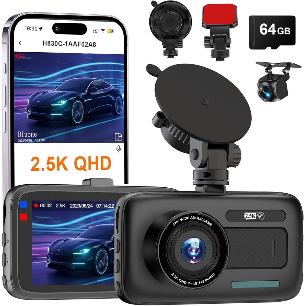 Dash Cam Front and Rear, 2.5K Dual Dash Camera W/ 64GB Card,3