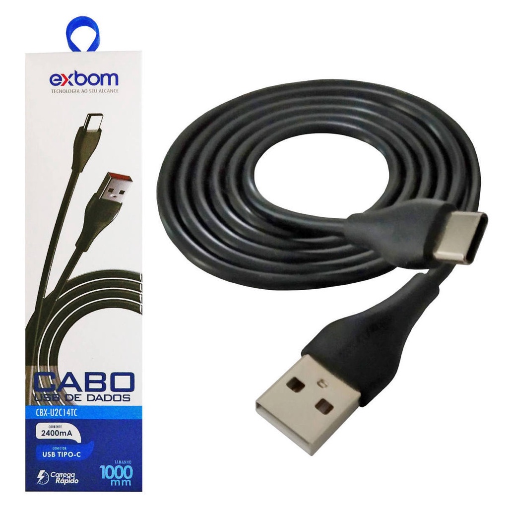 Cabo Tipo-C USB-C 2.4A Turbo Emborrachado Exbom CBX-U2C14TC Preto 1M