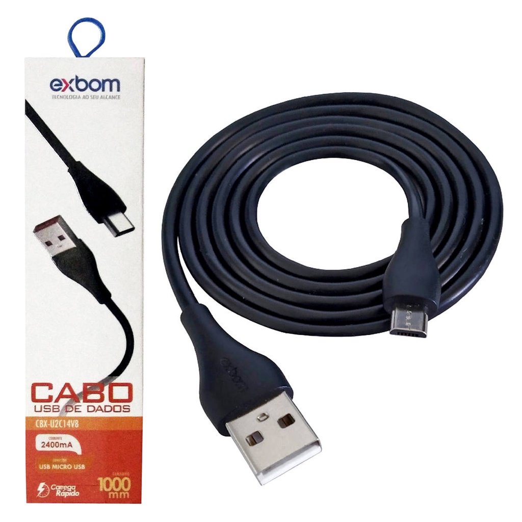 Cabo V8 Micro USB 2.4A Turbo 1 metro Emborrachado para Dados e Carregamento Exbom CBX-U2C14V8 Preto