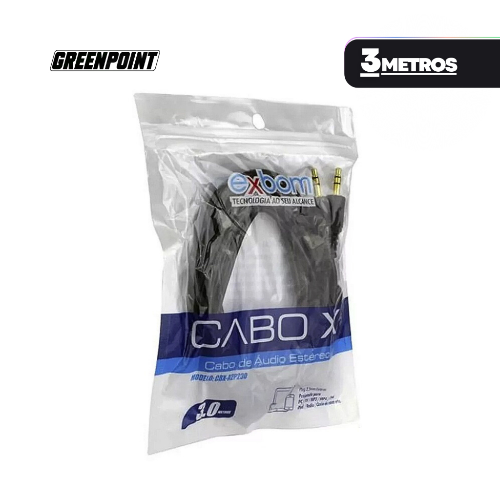 Cabo 3 Metros P2xP2 (3.5mm) Macho Preto Reforçada Ponta Dourada Para Fone - Exbom