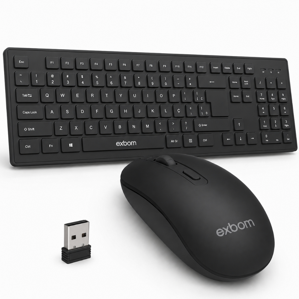kit Teclado Sem Fio Preto Slim ABNT2 Mouse Ergonômico com Pilha Home Office Plug and Play USB Kit completo Exbom