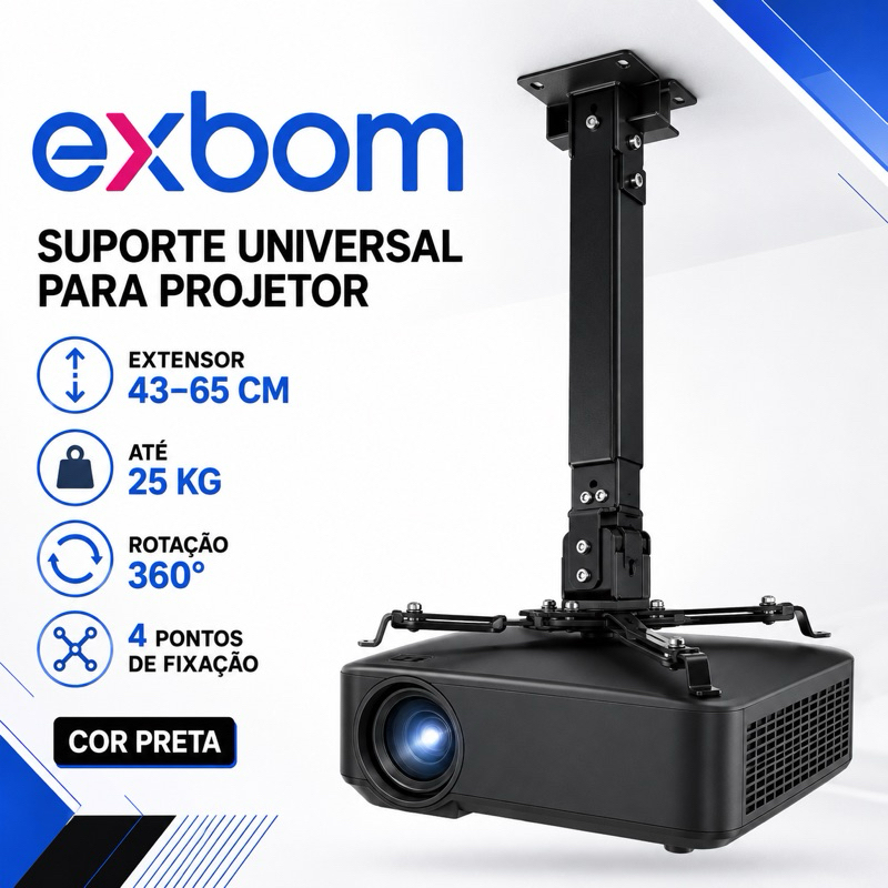 Suporte Universal para Projetor Exbom Preto Teto Parede Regulável 43 a 65cm até 25kg 360°