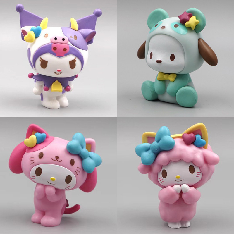 Figuras de Anime de 6cm Pochacco Hello Kitty Kuromi Cow Cat Puppy Animais Fofos Versão Q Brinquedos Móveis de PVC Mod 0A