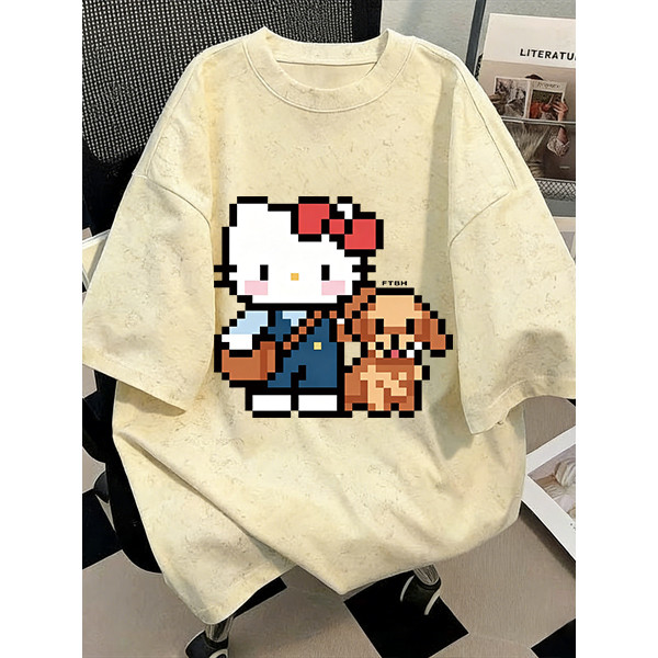 Camiseta de manga curta com gola redonda Tie-Dye 100% algodão Kitty Cat Puppy estampa solta Casual All-Match Tops de cas