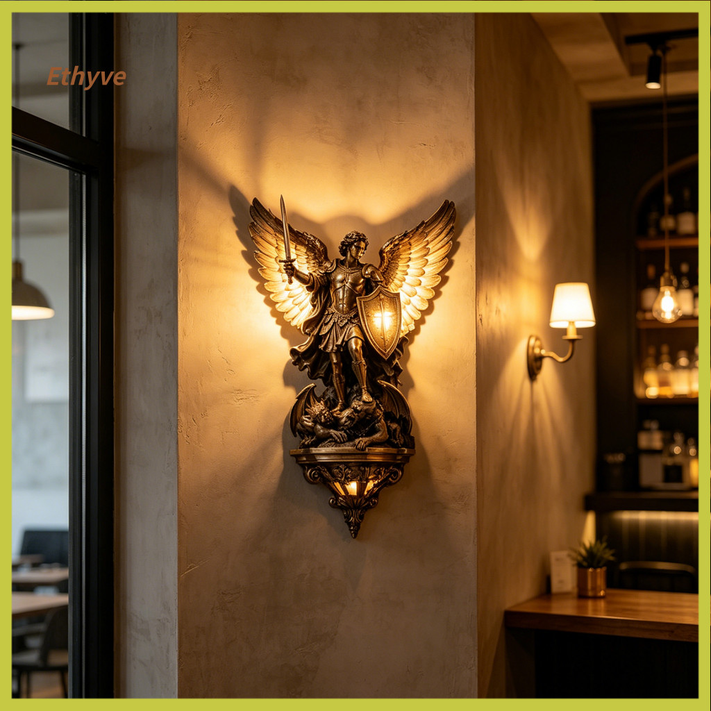 Gothic Wall Lamp Archangel Michael Vintage Led Resin Guardian Angel Sconce Decorative Art for Bedroom Living Room Hallwa