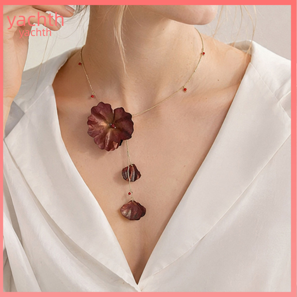 Wear Necklace Fabric Alloy Rose Chain Choker for Women Slim Retro Dark Flower Pendant with Petal Bead Charms Elegant Eve