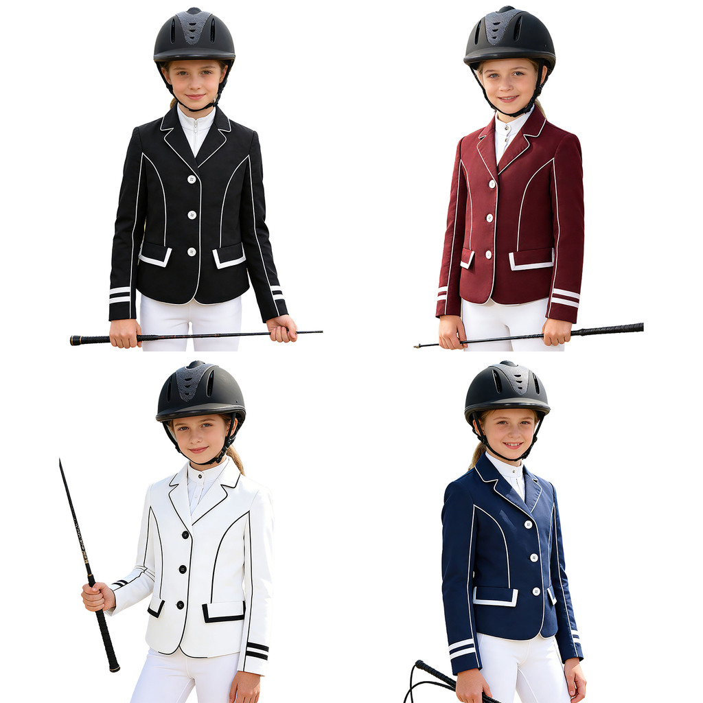 inhzoy Kids Girls Contrast Trim Equestrian Blazer Lapel Collar Long Sleeve Button Horse Riding Jacket Outwear